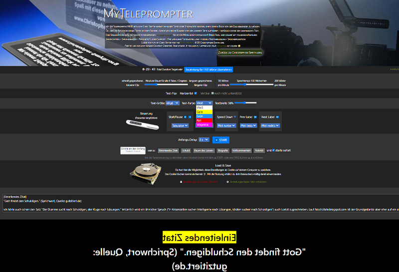 Screenshot der Teleprompter Software MyTeleprompter